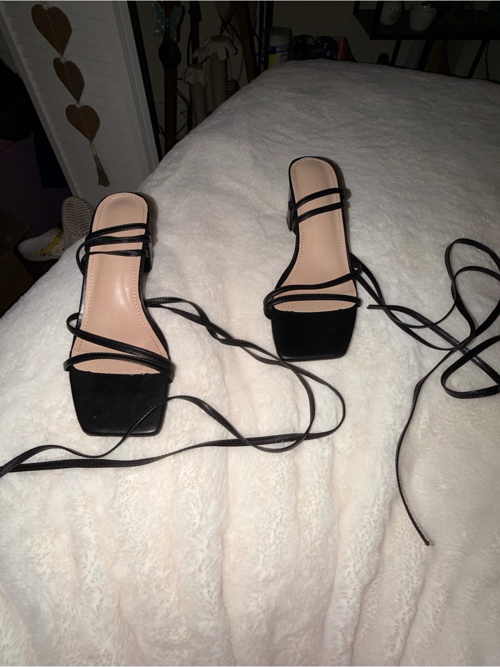SHEIN Black Strappy Square Toe Lace-Up Heels
